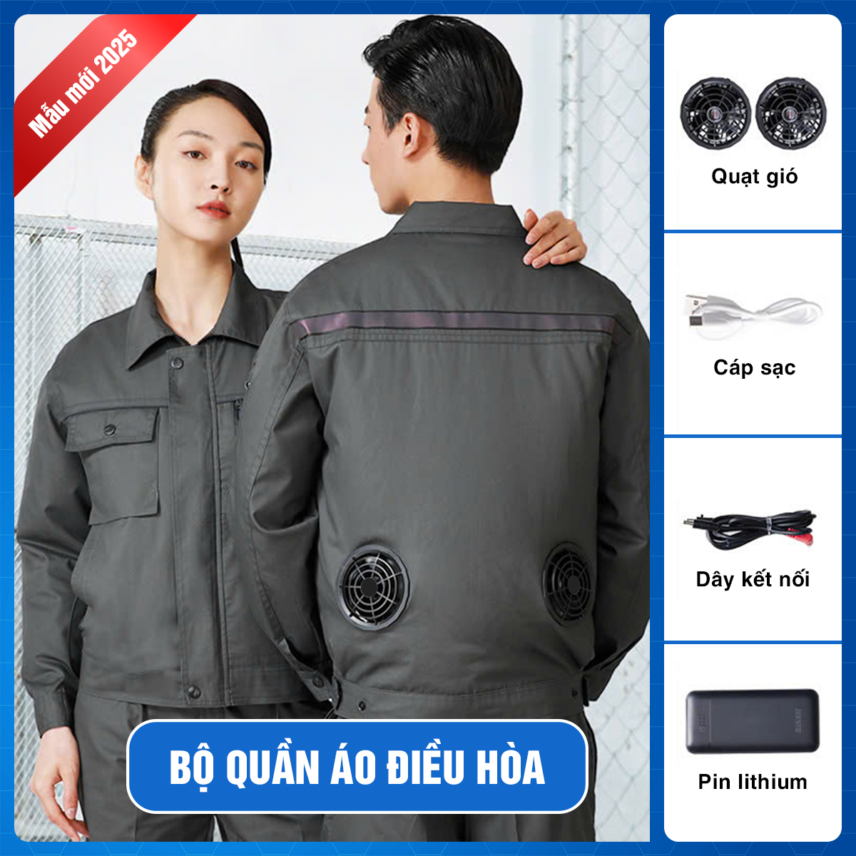 Áo điều hòa màu xanh rêu [2 Áo + 1 Phụ kiện] Pin công nghệ chống trai 28.000mAh(10 - 20h), Quạt 22V Tubo siêu khỏe